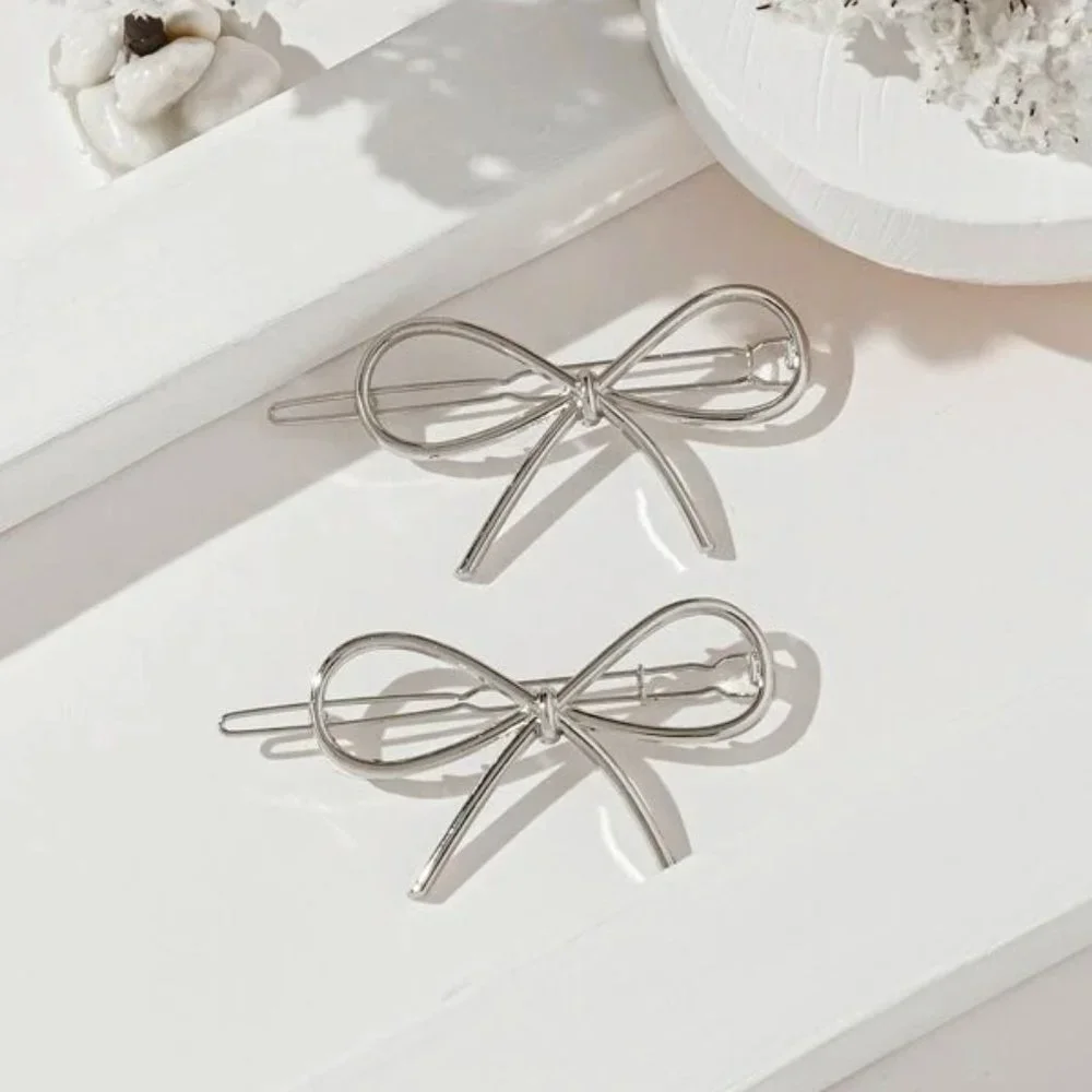 NEW Silver Bow Shaped Metal Hair Clips Bobby Pins Barrettes Set‎ of 2
